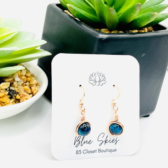 Rose Gold Blue Tigers Eye Earrings - Picture 4 of 8